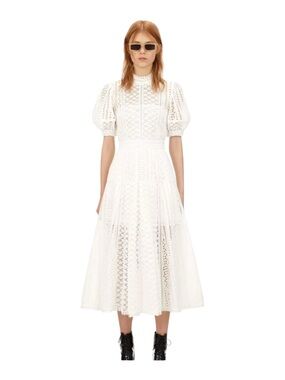 Self Portrait Broderie White Cotton Eyelet Lace Midi Dress with High Neck Sz 4